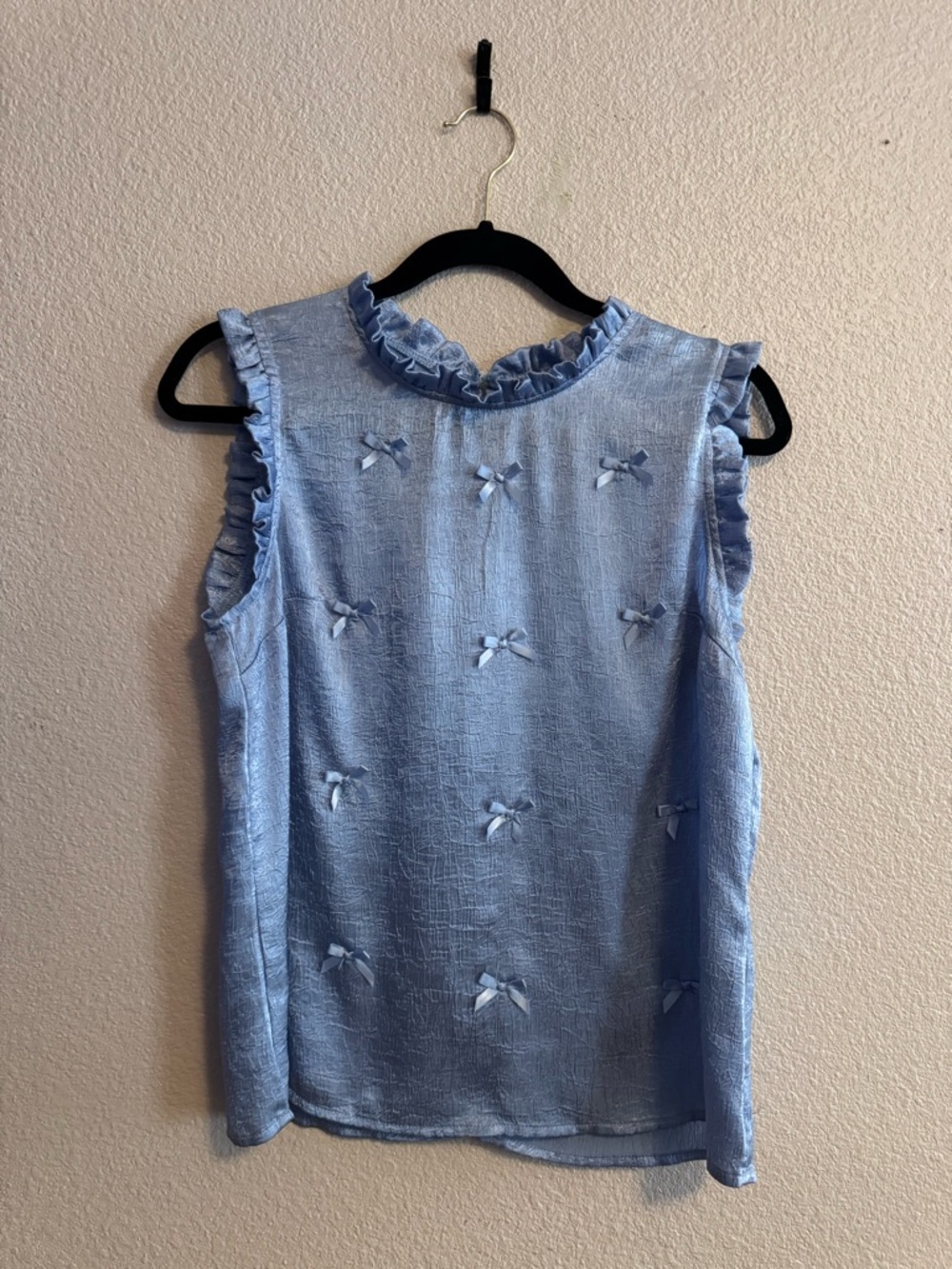 SHEIN Light Blue Ruffle Bow Sleeveless Blouse